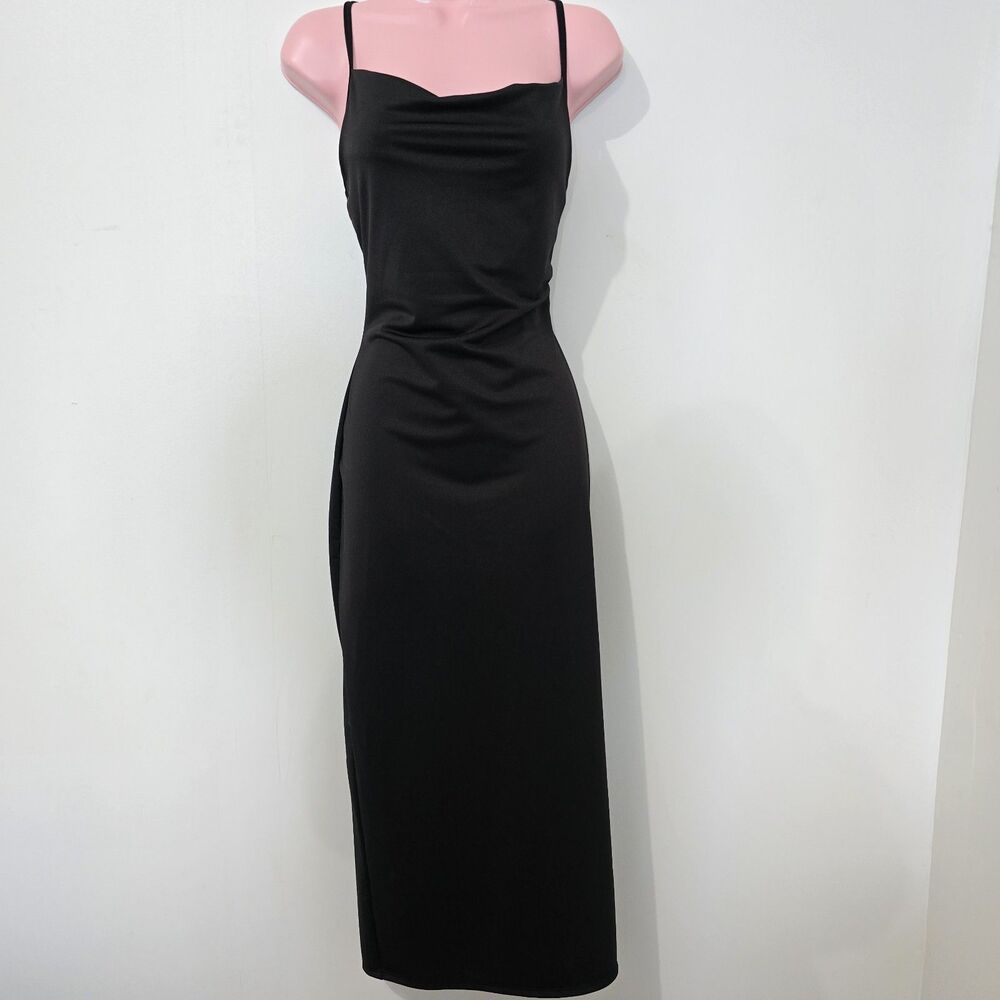 MRT 1030 - Size L - Dress - Slip Cowl Neck Spaghetti Strap Midi Slit - Black